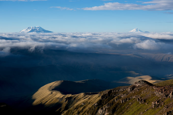 Sunrise on Ecuador's 4th and 2nd highest peaks. Antisana and the now active Cotopaxi loom large above the clouds